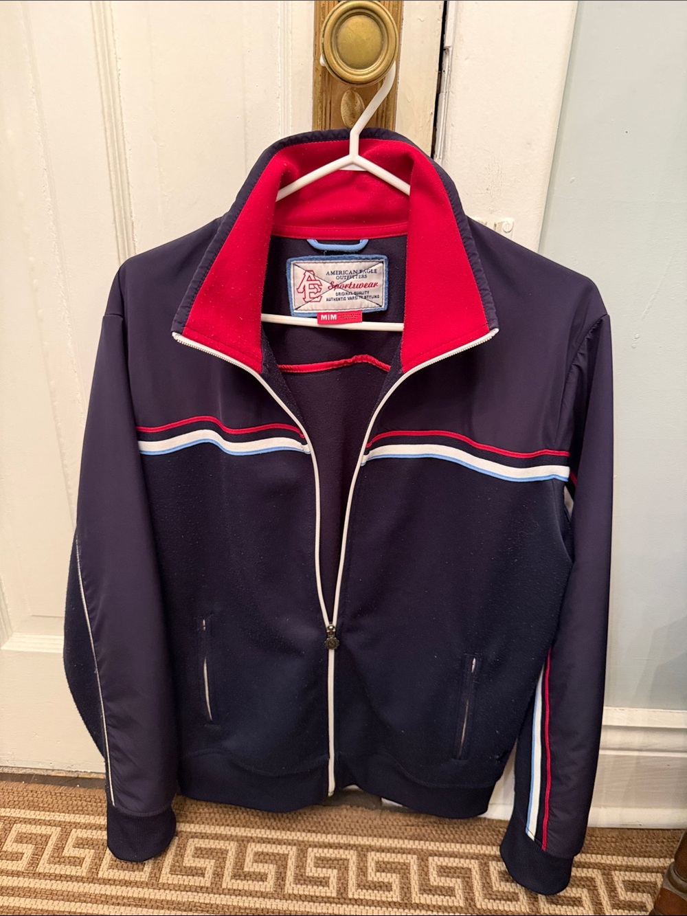 American Eagle Outfitters Navy Bomber Jacket with Red & Light Blue Stripes